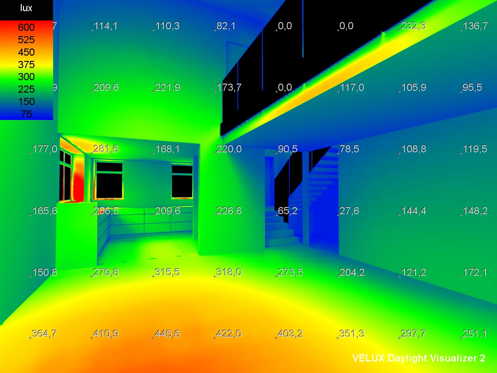 Daylight analysis of modern home interior with lux measurements.