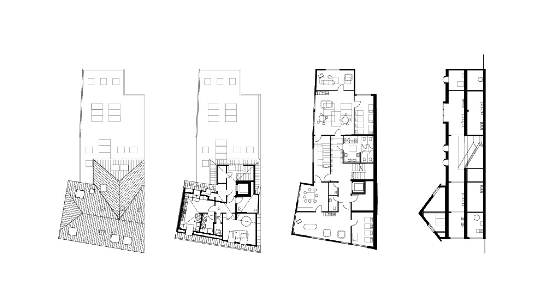 Architectural floor plans of a multi-story building, showing room layouts and design.