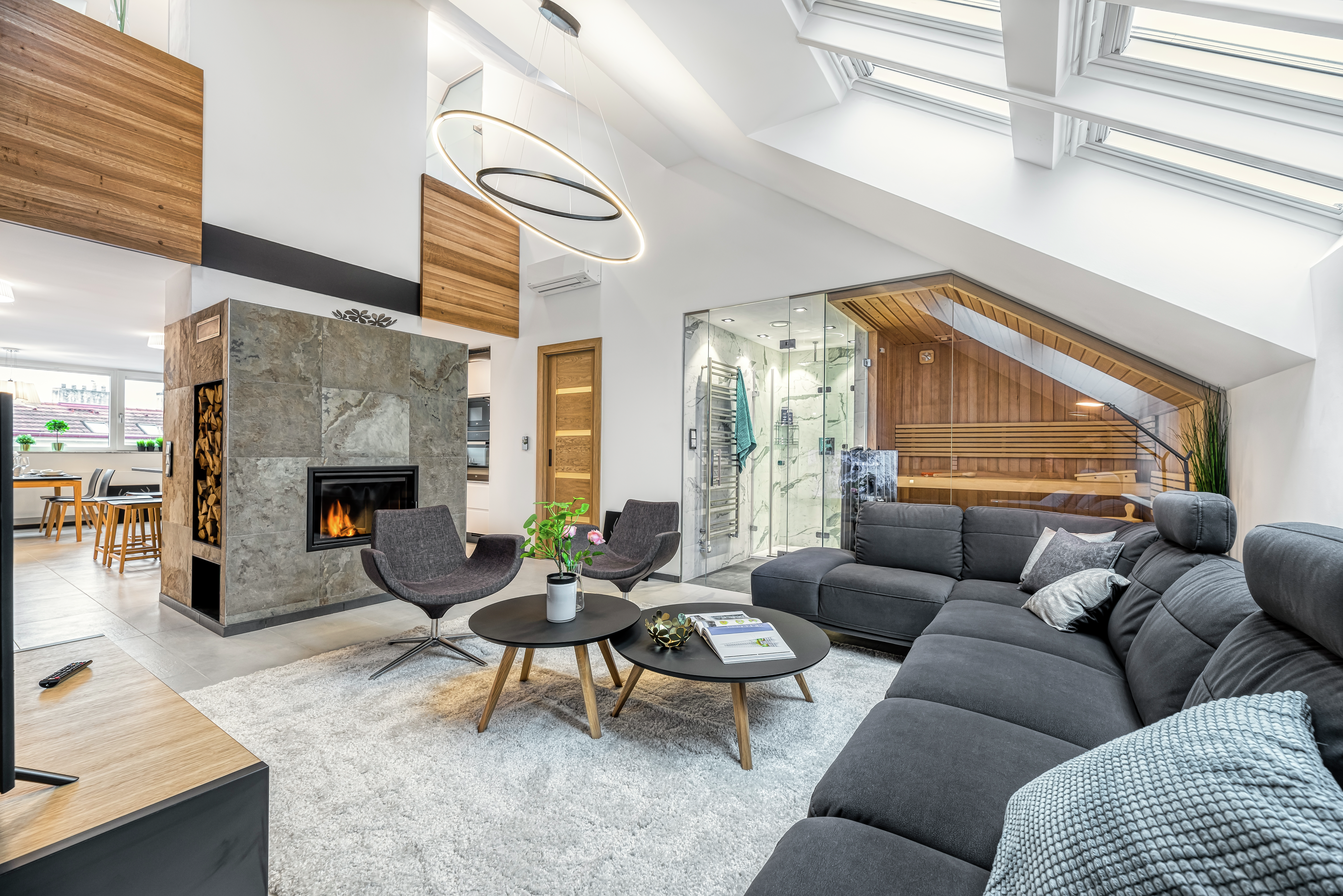 Living room with VELUX roof windows, sectional sofa, and fireplace.