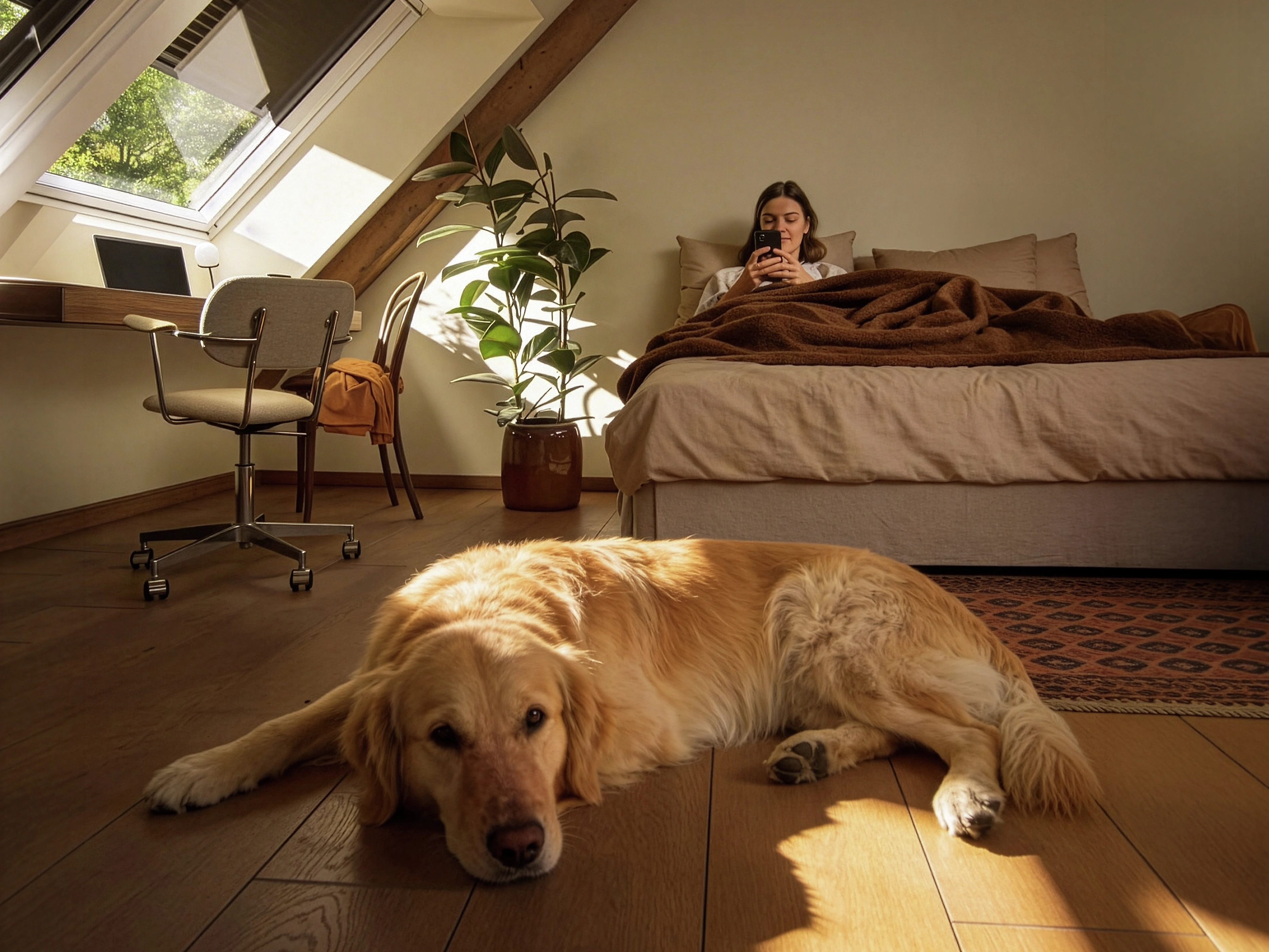 Nő pihen modern tetőtéri hálószobában, miközben a VELUX tetőtéri ablak külső árnyékolója csökkenti a napsugárzás okozta felmelegedést és komfortosabb környezetet teremt.