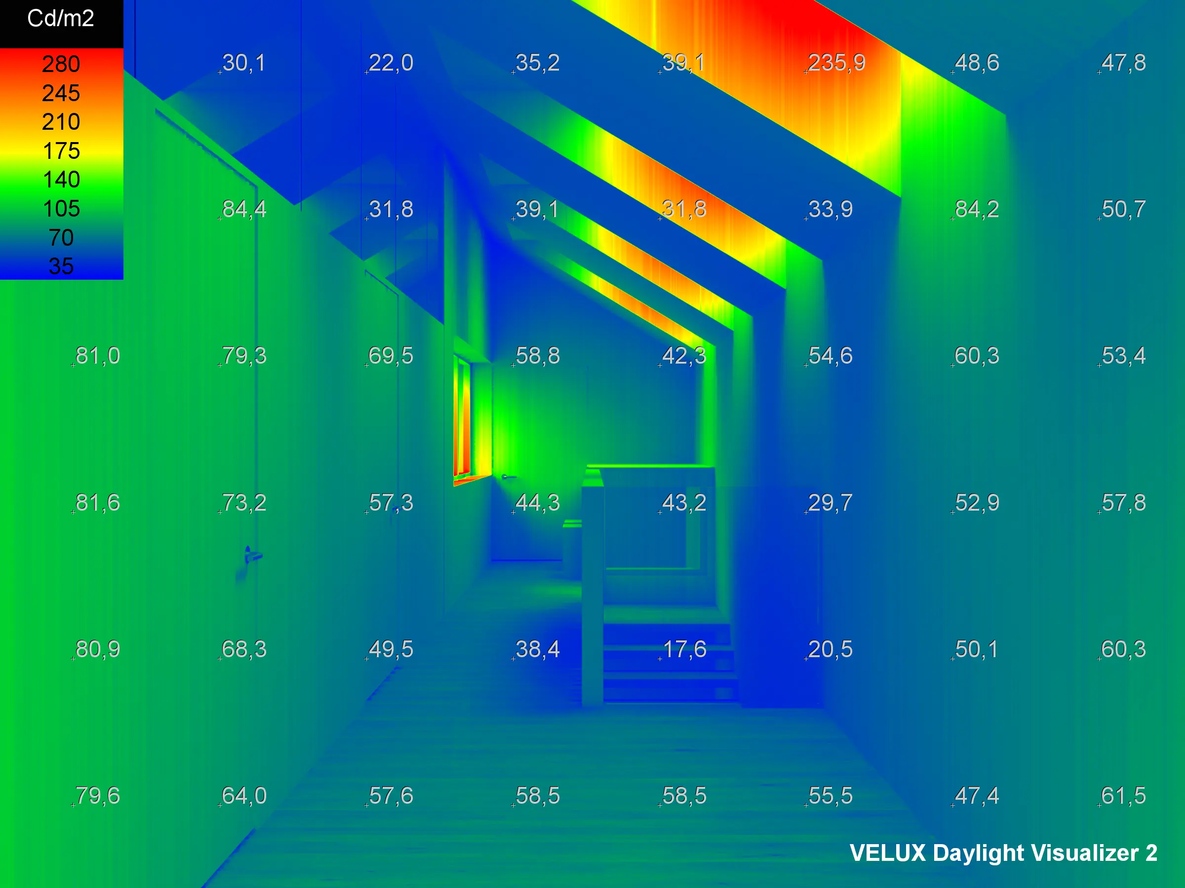Daylight analysis of attic corridor with VELUX roof windows and sloped ceiling.
