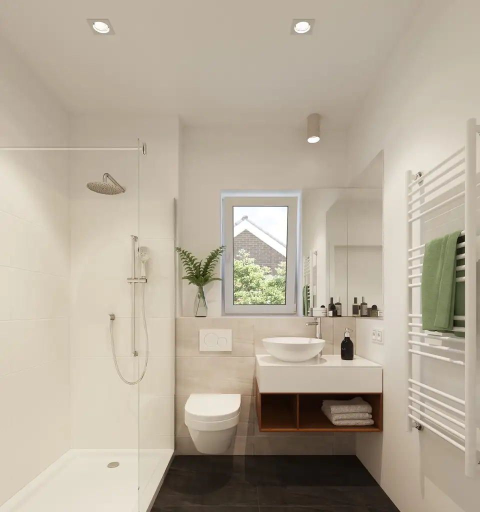 Modern bathroom with walk-in shower, vanity,and window view
