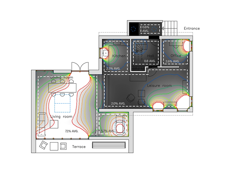 Floor plan of a modern home with living, dining, kitchen, office, and leisure rooms.