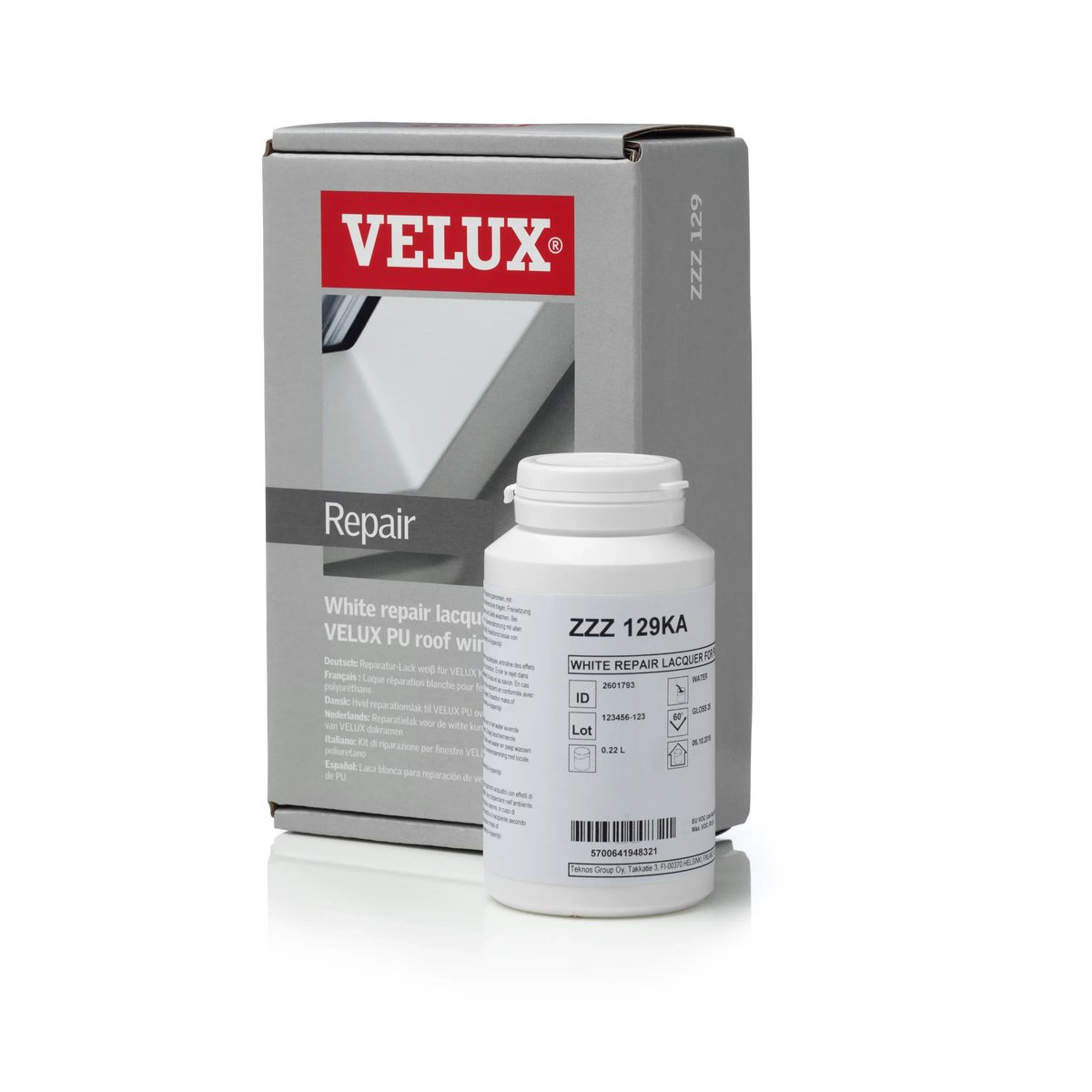 VELUX white repair lacquer for PU roof windows in packaging.