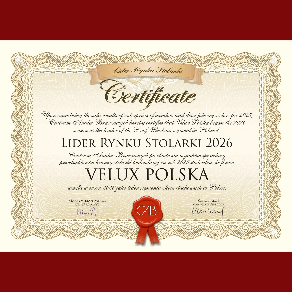VELUX Polska ponownie Liderem Rynku Stolarki. Wieloletnia pozycja lidera potwierdzona wynikami branżowymi
