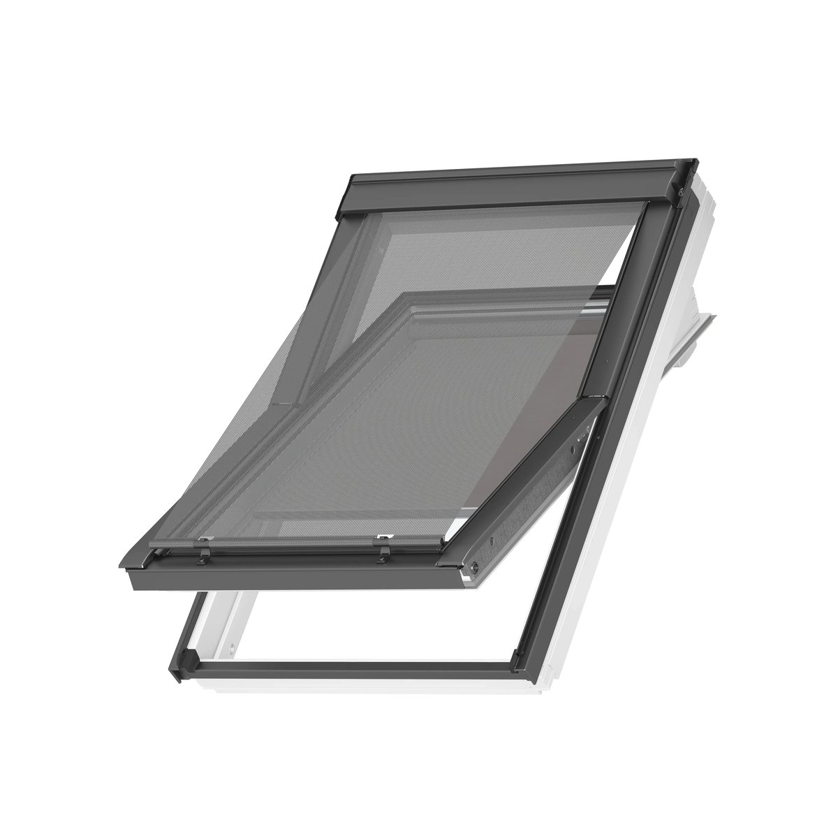 VELUX roof window with open mesh screen for ventilation.