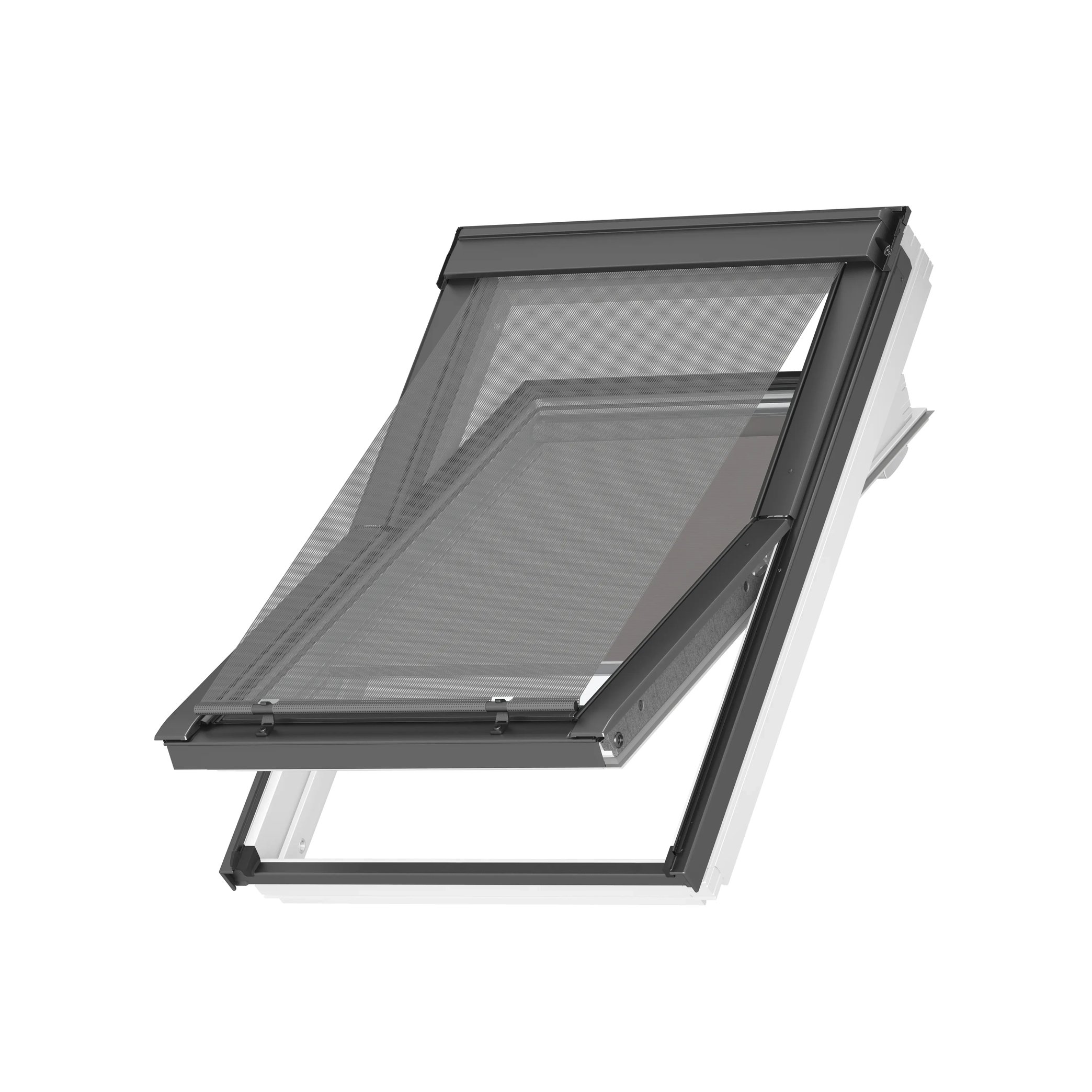 VELUX roof window with open mesh screen for ventilation.