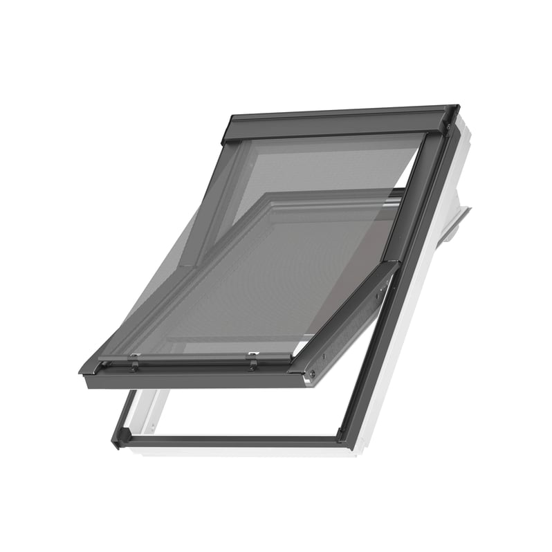 VELUX roof window with open mesh screen for ventilation.
