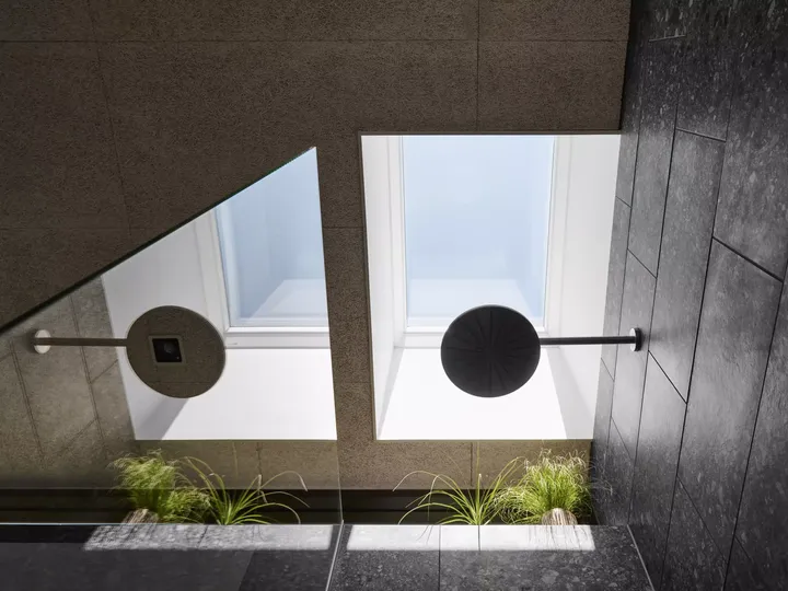Modernes Badezimmer mit VELUX Dachflächenfenster, dunklen Fliesen und grünen Pflanzen.