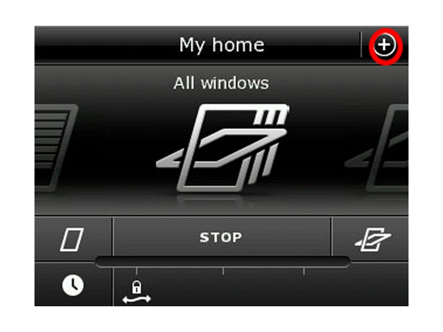 Digital interface for controlling home windows with open, close, stop options.