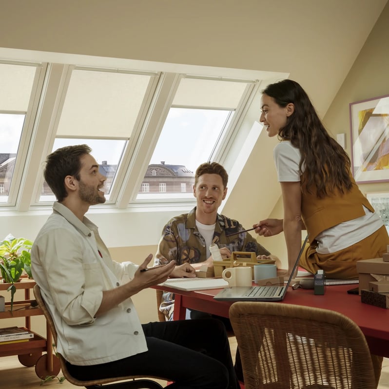 Attic office with VELUX roof windows, people in a meeting.
