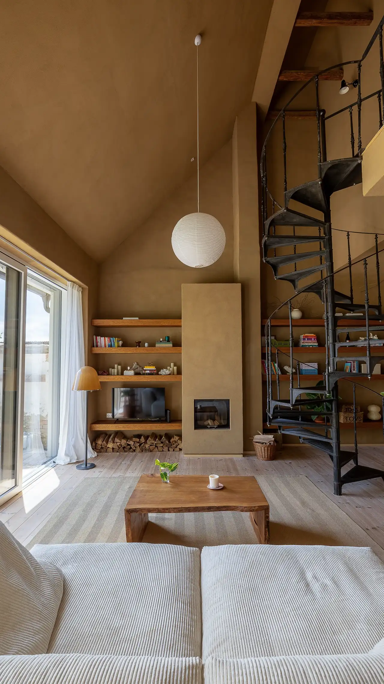 Ein dunkel wirkendes Wohnzimmer mit hohen Decken, einem Kamin und einer Wendeltreppe, dem es an ausreichend natürlichem Licht fehlt. | VELUX Magazin