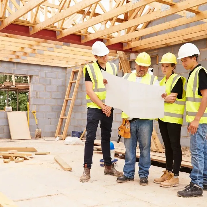 Construction workers reviewing blueprints inside a building site.