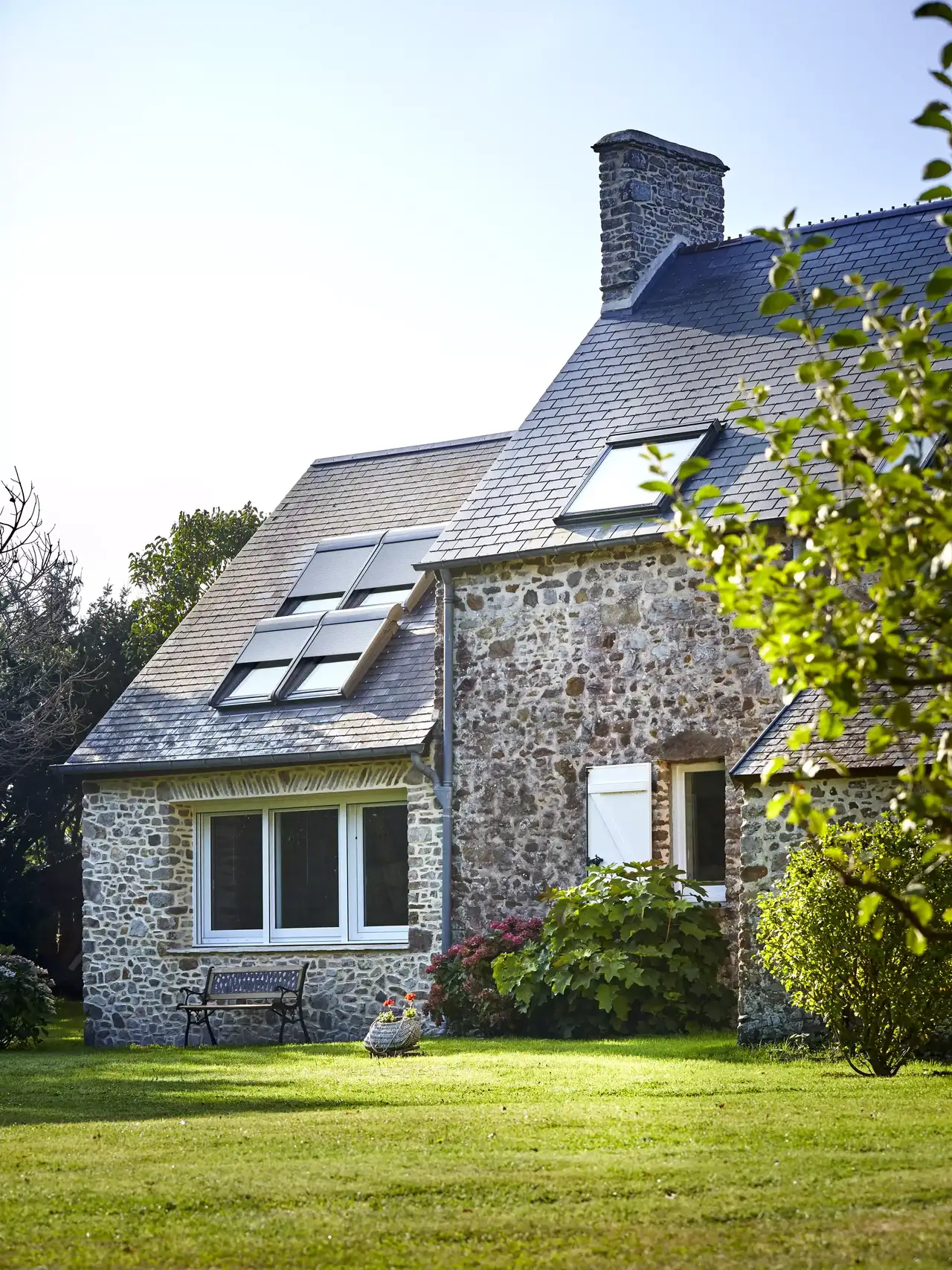 Een buitenpatio met verschillende potplanten en groen. Er is een bakstenen gebouw met grote ramen en een balkon dat uitkijkt op de patio. De ruimte is goed onderhouden en uitnodigend, met een parasol, buitenmeubilair en decoratieve elementen zoals een standbeeld van een dier, mogelijk een kat.