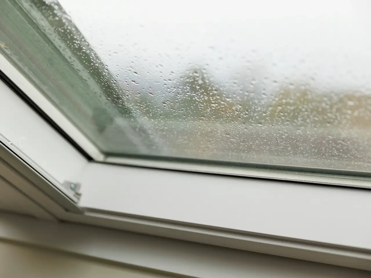 fenêtre de toit VELUX couverte de gouttes de pluie, vue de l’intérieur par temps gris
