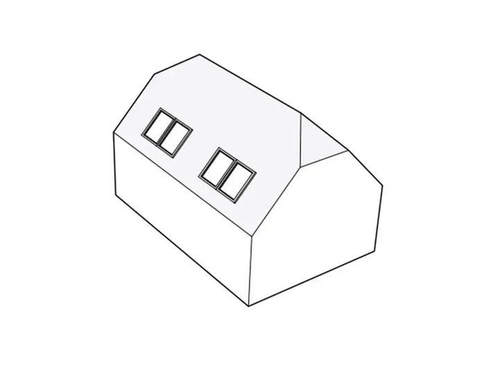 Skizze eines modernen Wohngebäudes mit zwei VELUX Dachflächenfenstern.