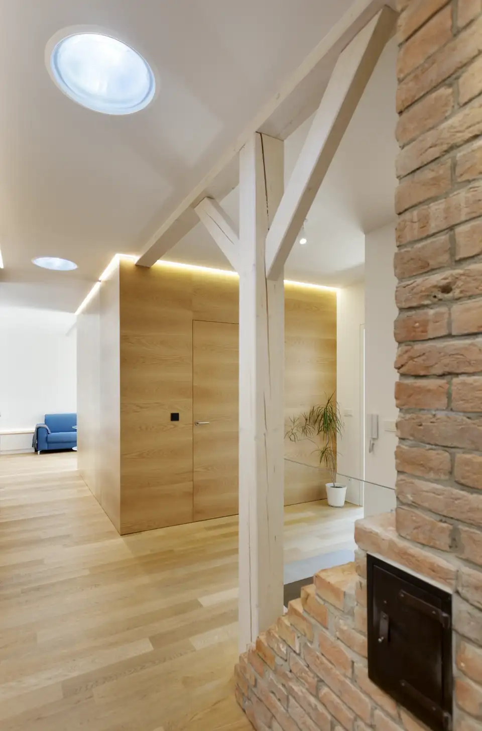 entrée et séjour avec parquet en bois et conduits de lumière VELUX