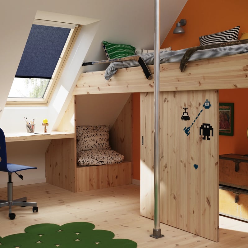 Attic kids room with loft bed, study area, and VELUX roof window.
