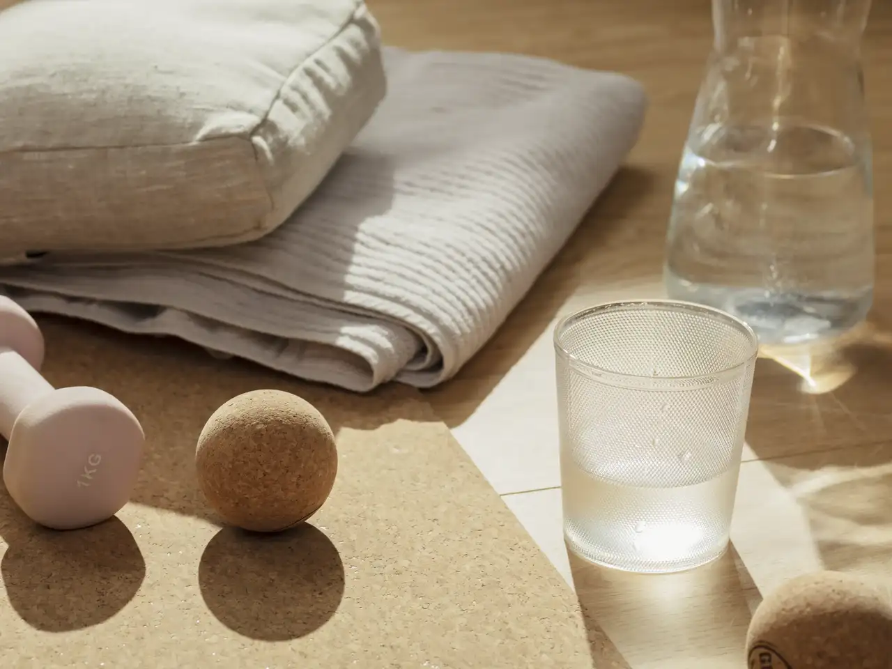 La luce del giorno si riflette nel bicchiere d'acqua accanto al tappetino sportivo, al piccolo manubrio e all'asciugamano | Rivista VELUX