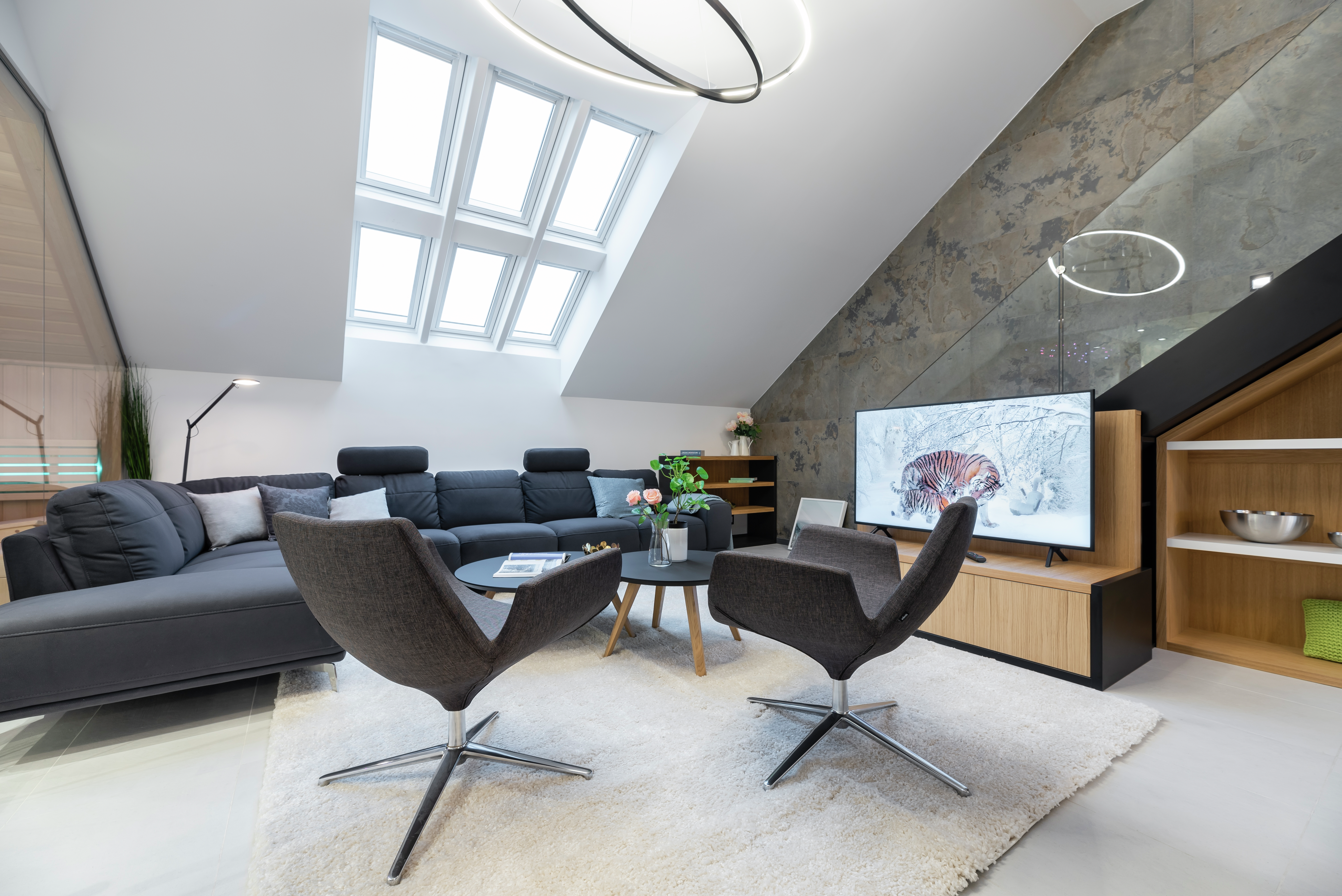 Attic living room with VELUX roof windows, modern furniture, and TV.
