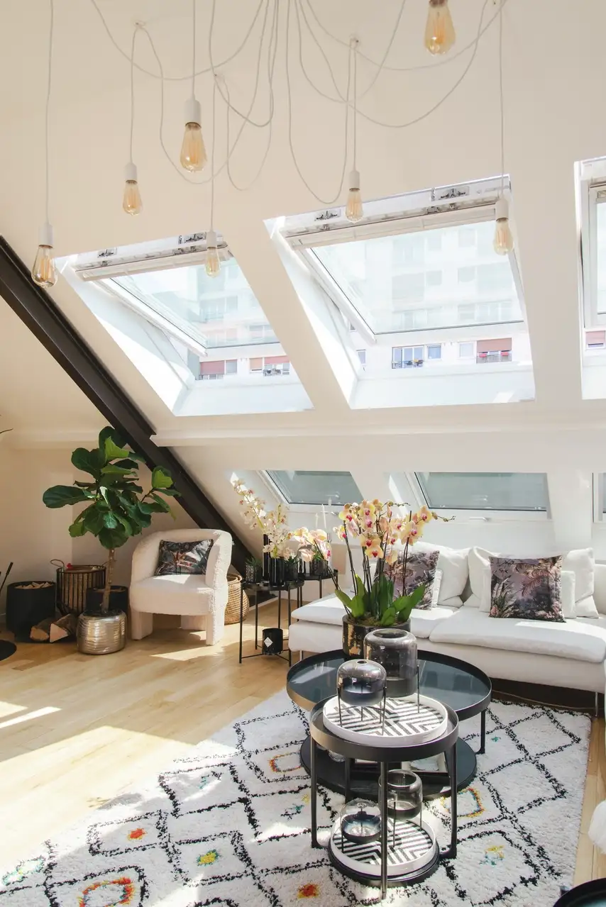 : Un salon lumineux et élégant avec quatre fenêtres de toit VELUX, un canapé blanc, des orchidées colorées et un tapis à motifs sous une lumière naturelle chaleureuse