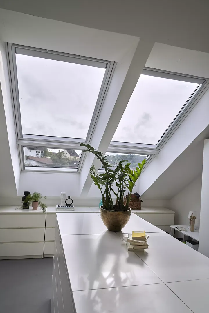 Modern eingerichteter Dachraum mit Dachfenstern und Pflanze | VELUX Magazin