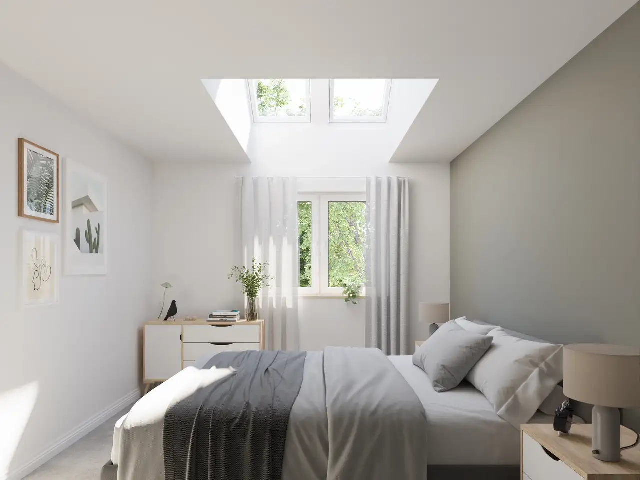 Camera da letto con finestre per tetti VELUX e una finestra verticale, letto con piumone e coperta
