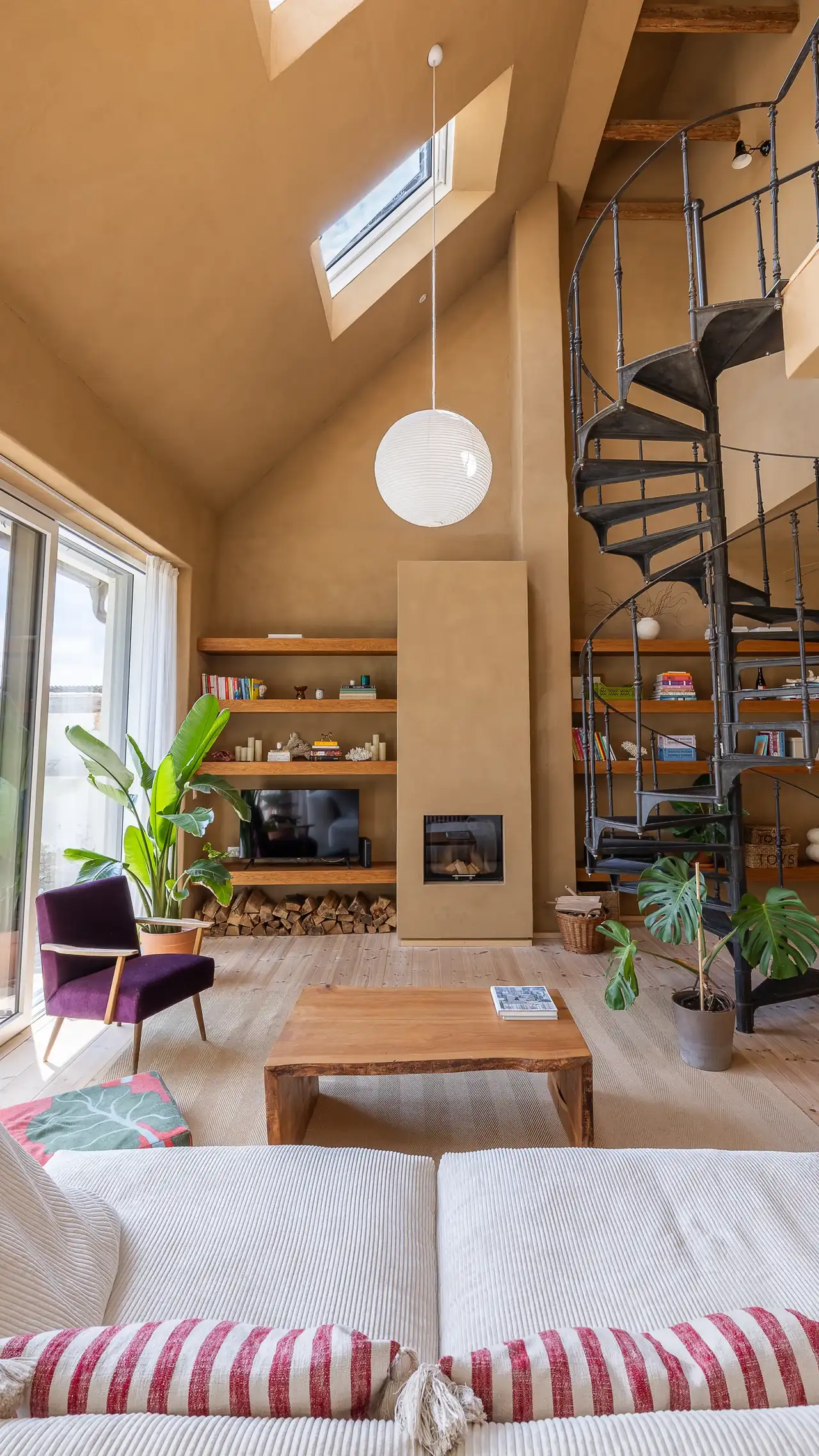 Dasselbe Wohnzimmer nach der Installation von VELUX Dachfenstern – jetzt hell und luftig mit zusätzlichem Tageslicht von oben. | VELUX Magazin