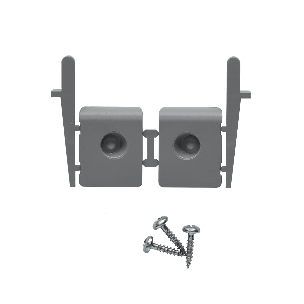Gray hinge set with screws for secure installation.