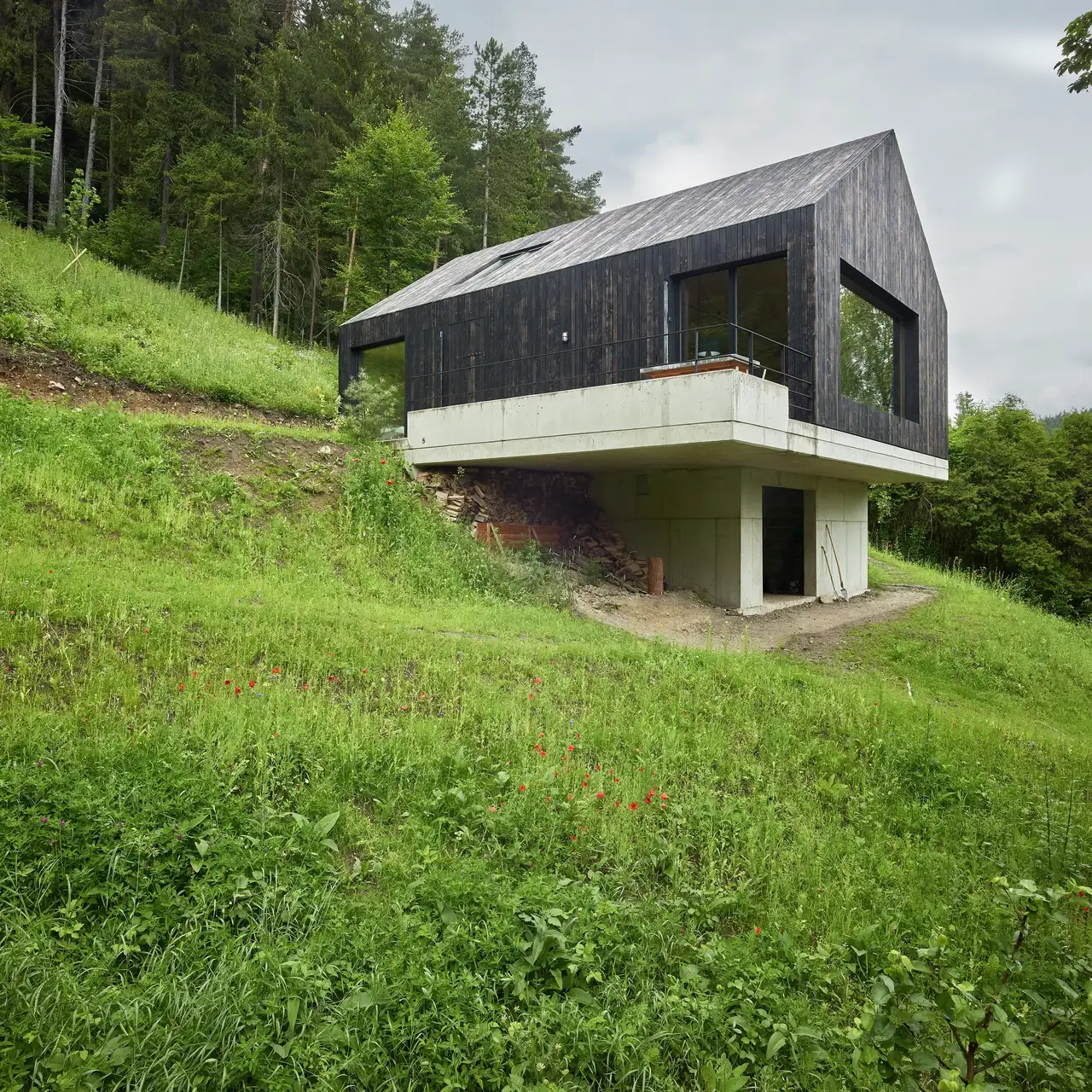 Zeitgenössisches Haus mit auskragendem Design und hölzerner Fassade an einem grünen Hang.