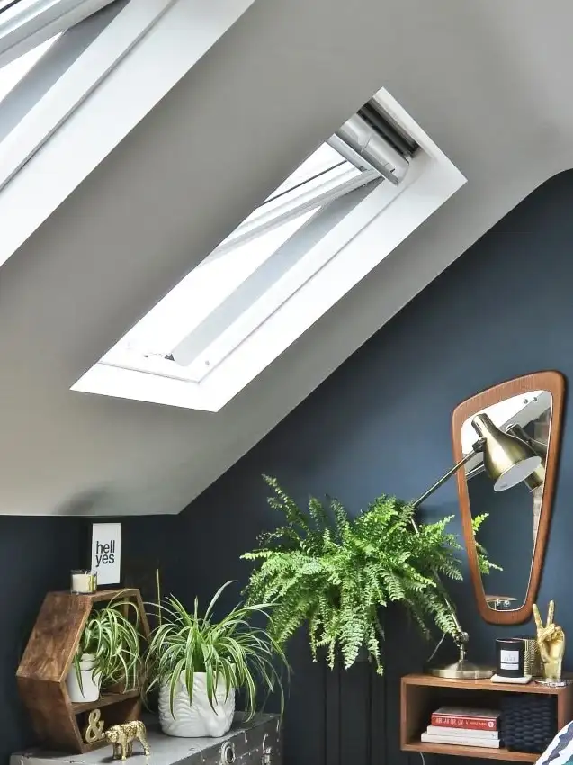 Attic room with sloped ceiling and VELUX roof window, filled with plants.