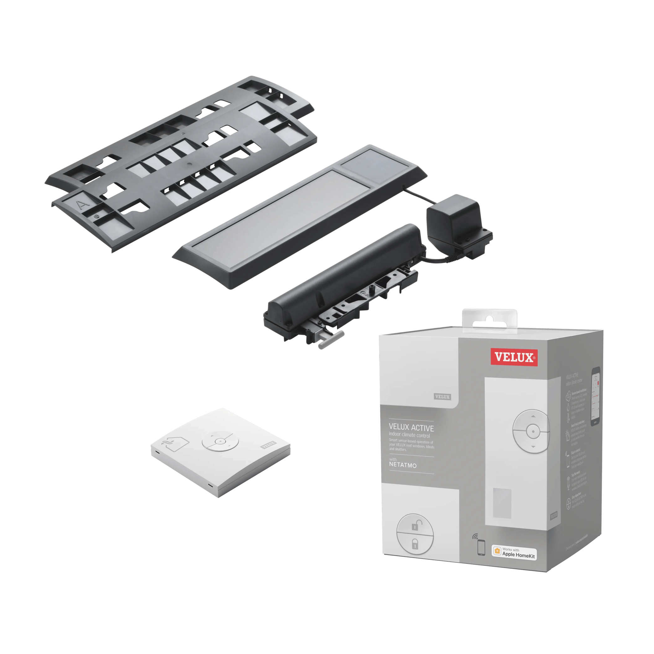VELUX Active indoor climate control system components on white background.