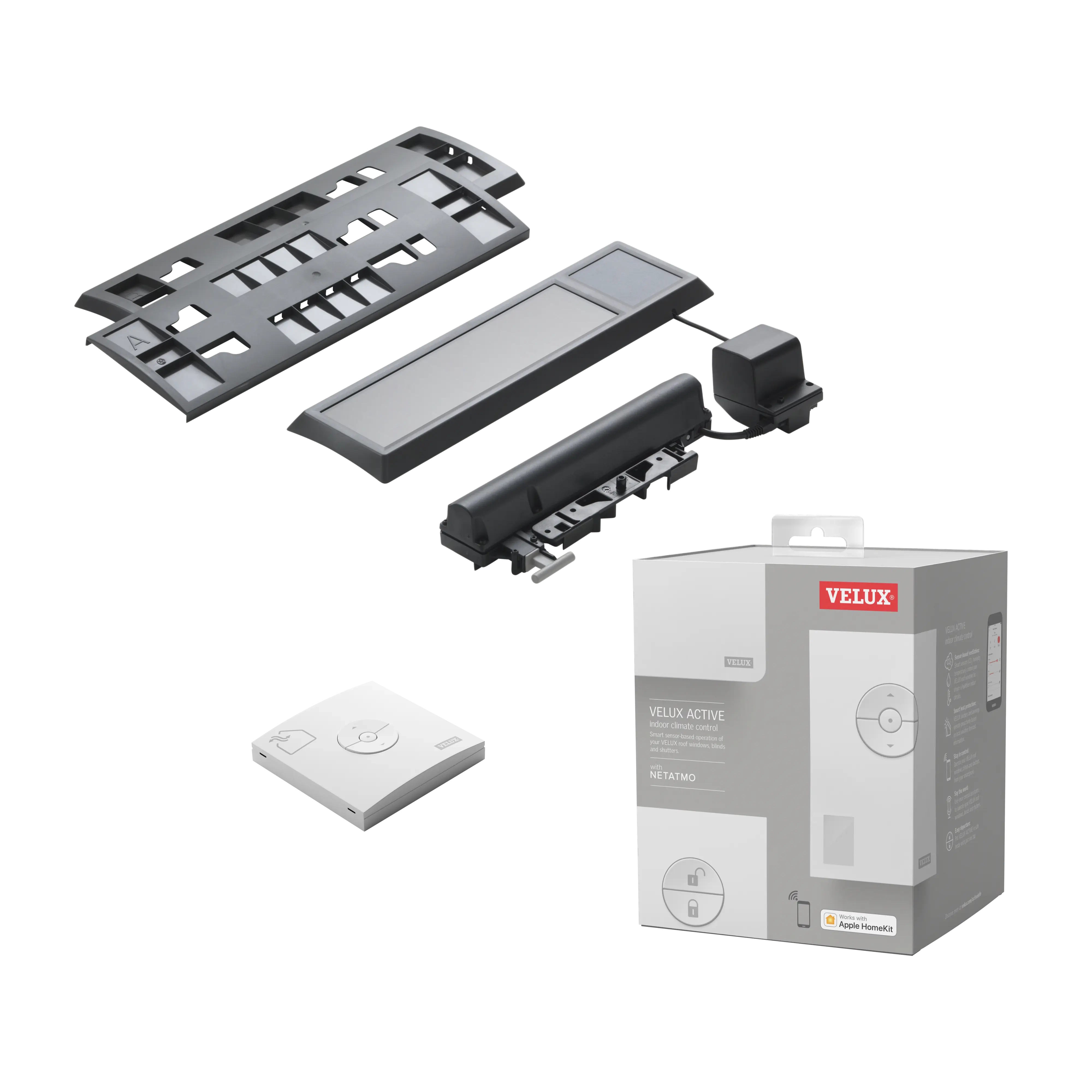 VELUX Active indoor climate control system components on white background.