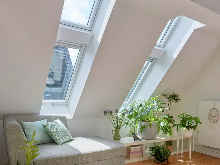 Gemütliches Wohnzimmer im Dachboden mit VELUX Dachflächenfenstern und üppigen grünen Pflanzen.