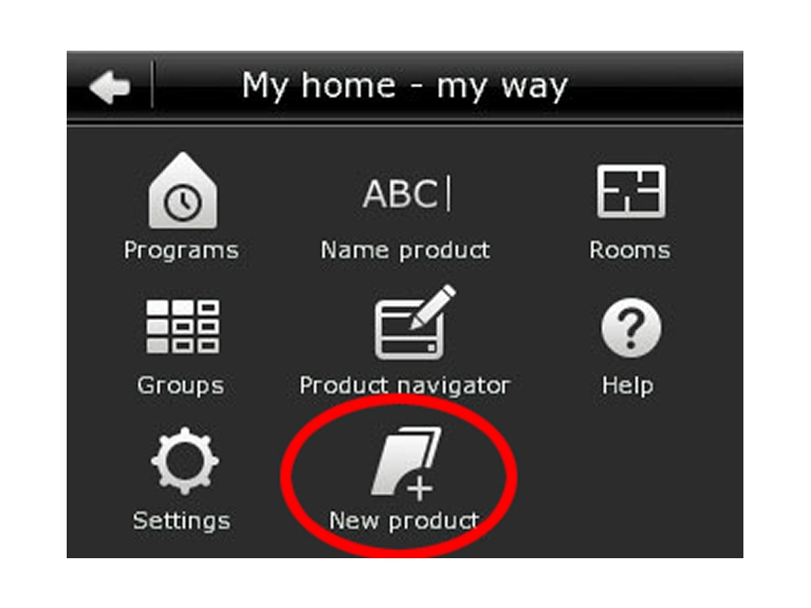 Home management interface with various options and 'New product' highlighted.