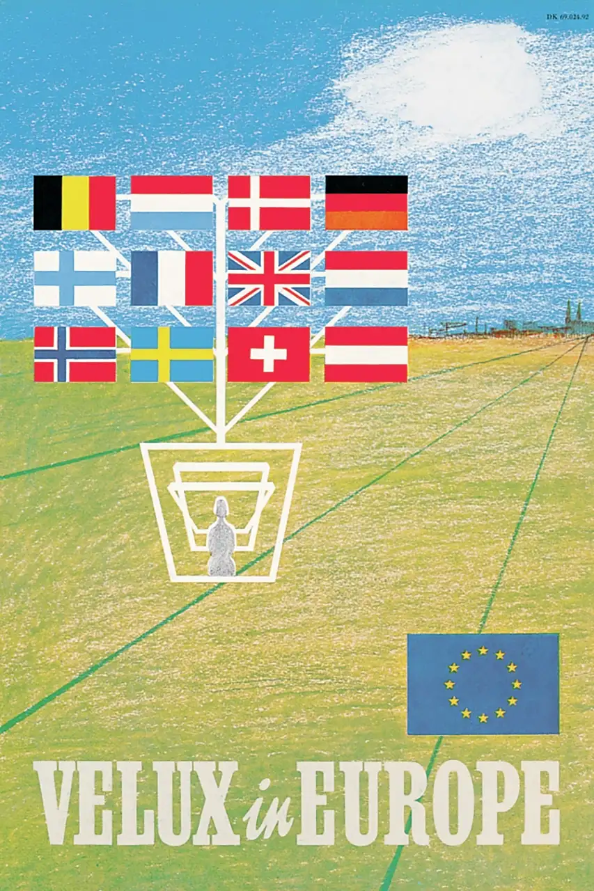 Künstlerische Darstellung einer Person unter einem VELUX-Fenster mit europäischen Flaggen, die die Reichweite von VELUX in Europa symbolisiert.