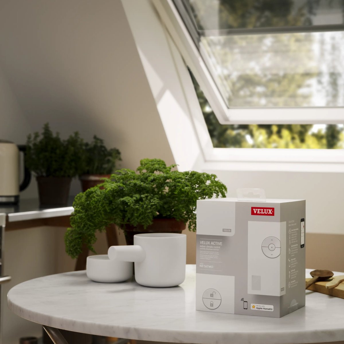 Kitchen with open VELUX roof window, natural light and plants.