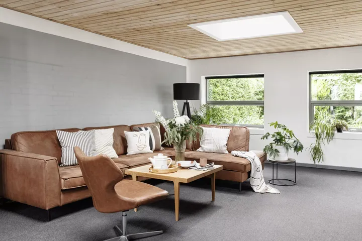 Zeitgemäßes Wohnzimmer mit Ledersofa, hölzernem Tisch, Pflanzen und einem VELUX Dachflächenfenster.