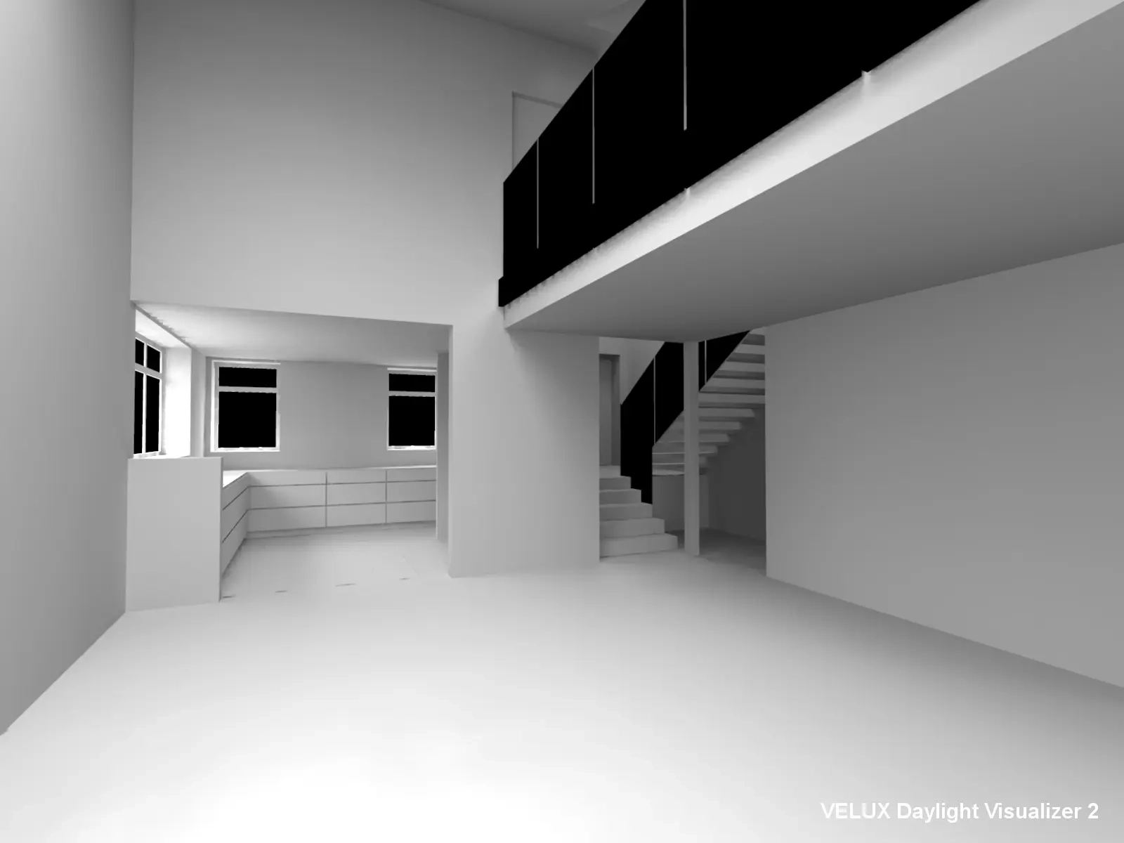 Modern interior with staircase and large windows, minimalist design.