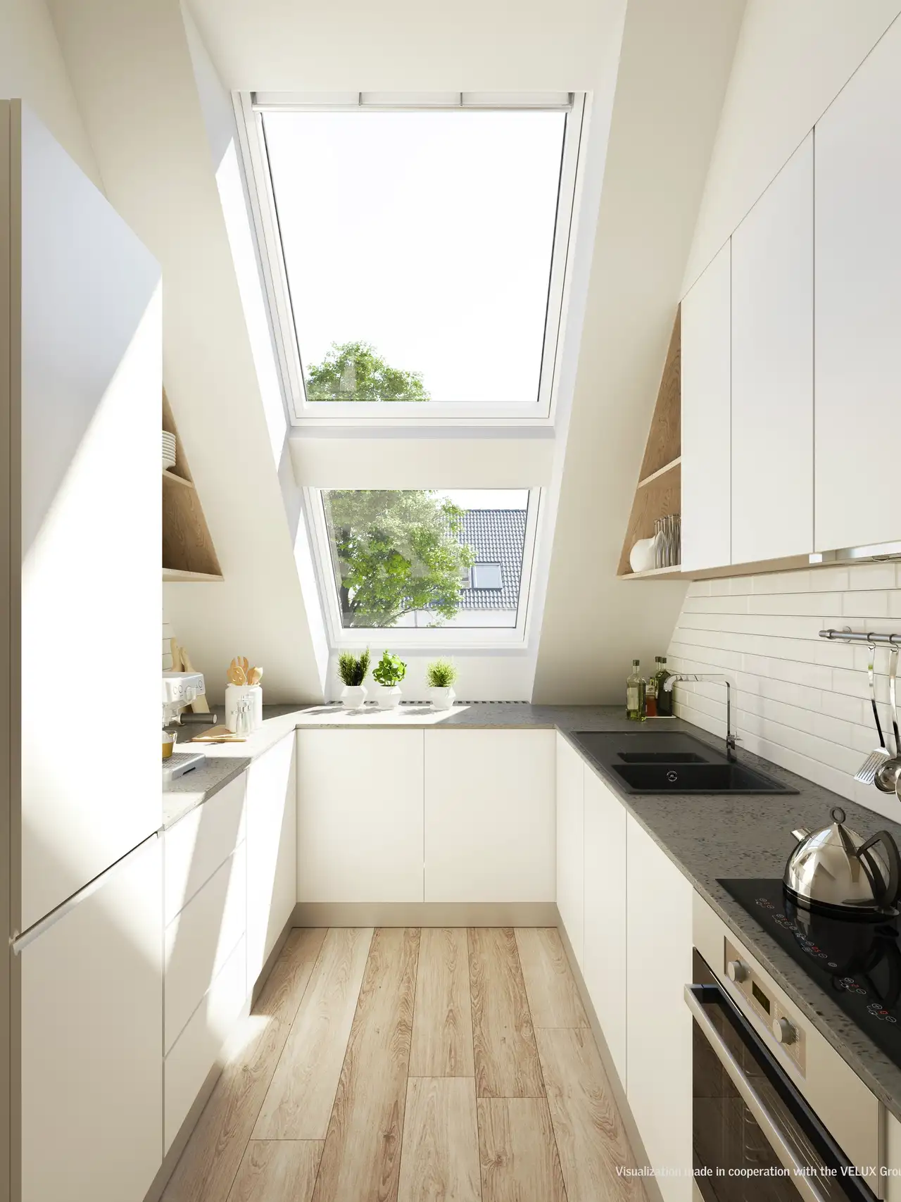 Hedendaagse keuken met een strakke look, stijlvolle witte kasten en VELUX dakramen die zorgen voor daglicht, waardoor de ruimte helder en gastvrij aanvoelt.