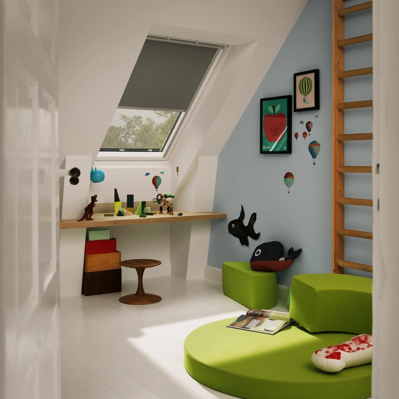 Attic kids room with sloped ceiling, VELUX roof window, playful decor.