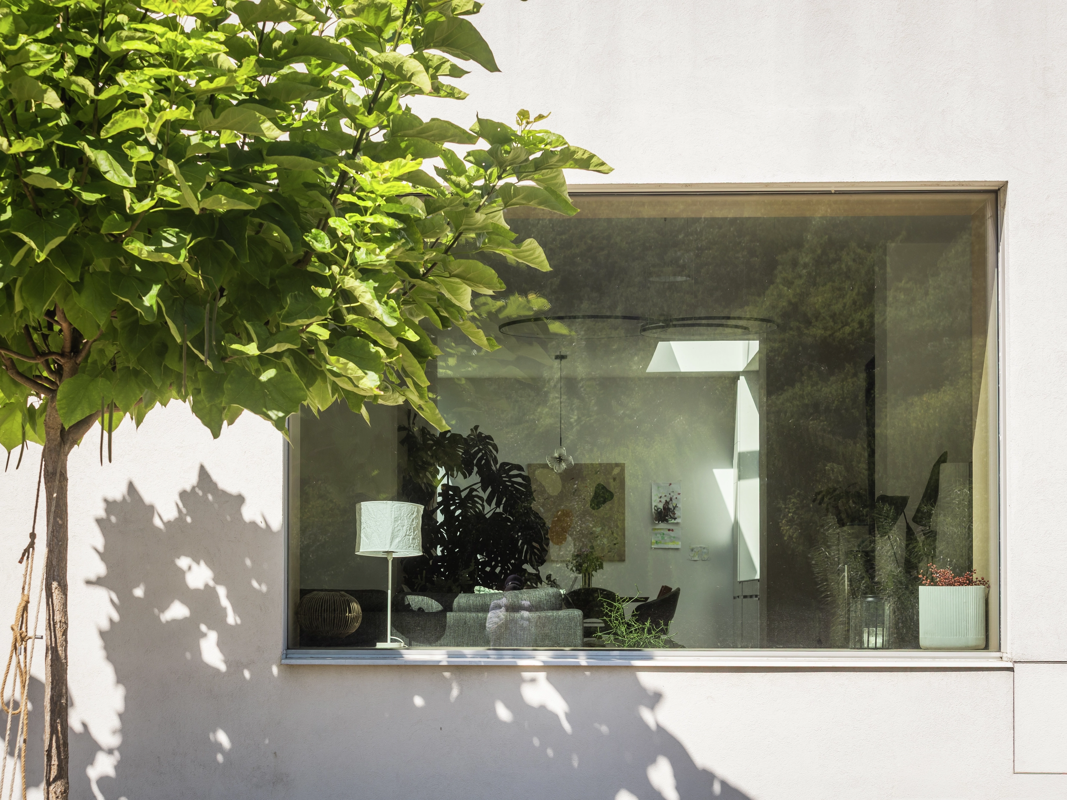 View into a modern living room through a large window with tree shadows.