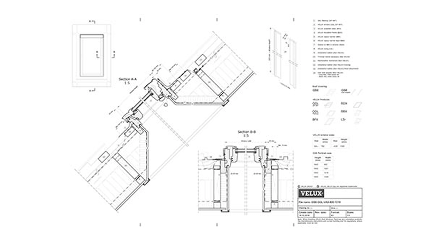 Technical drawing of VELUX roof window installation.