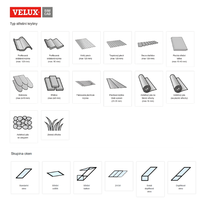 VELUX roof window and roofing material options displayed.
