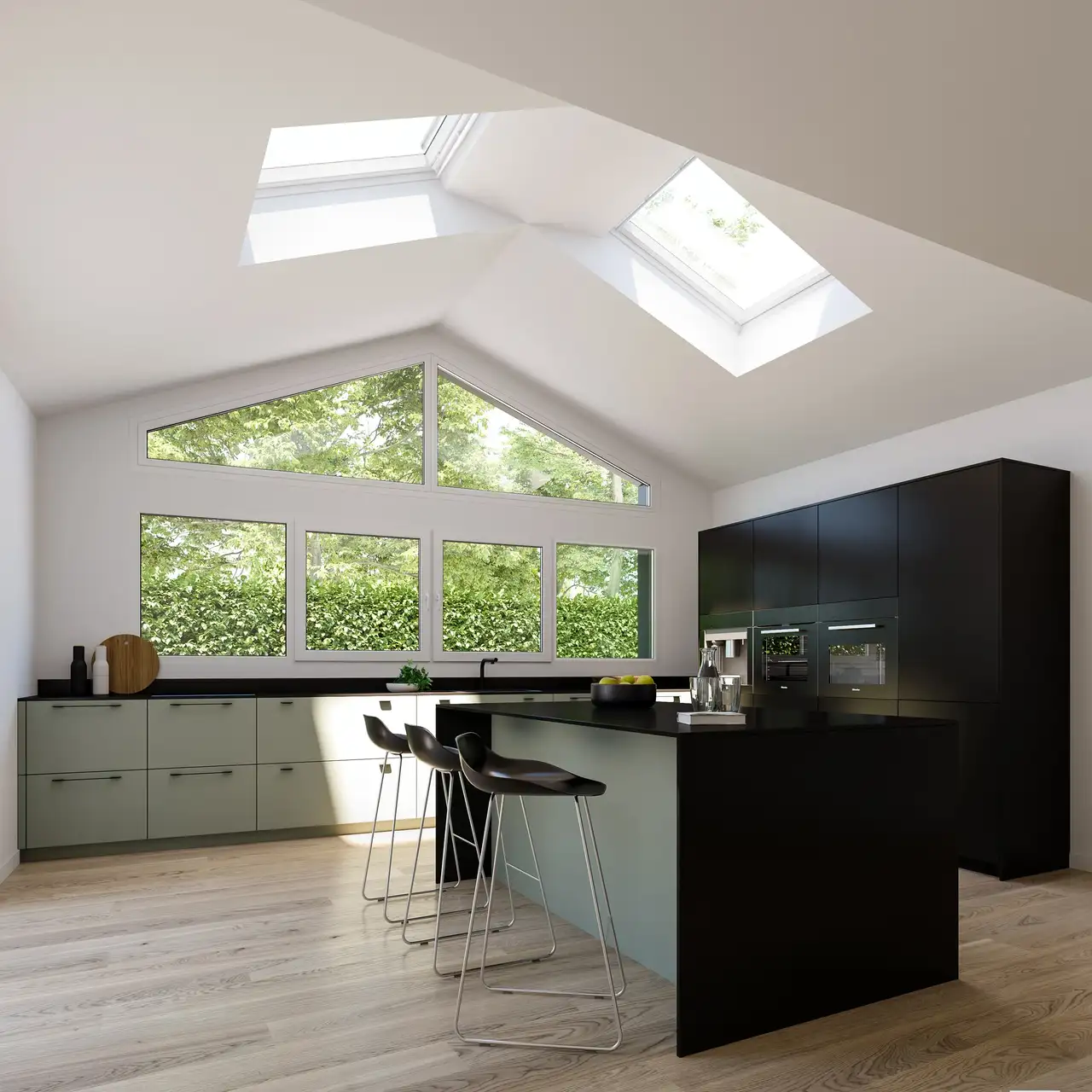 Moderne Küche mit VELUX Dachflächenfenster und grüner Aussicht durch große Fenster.