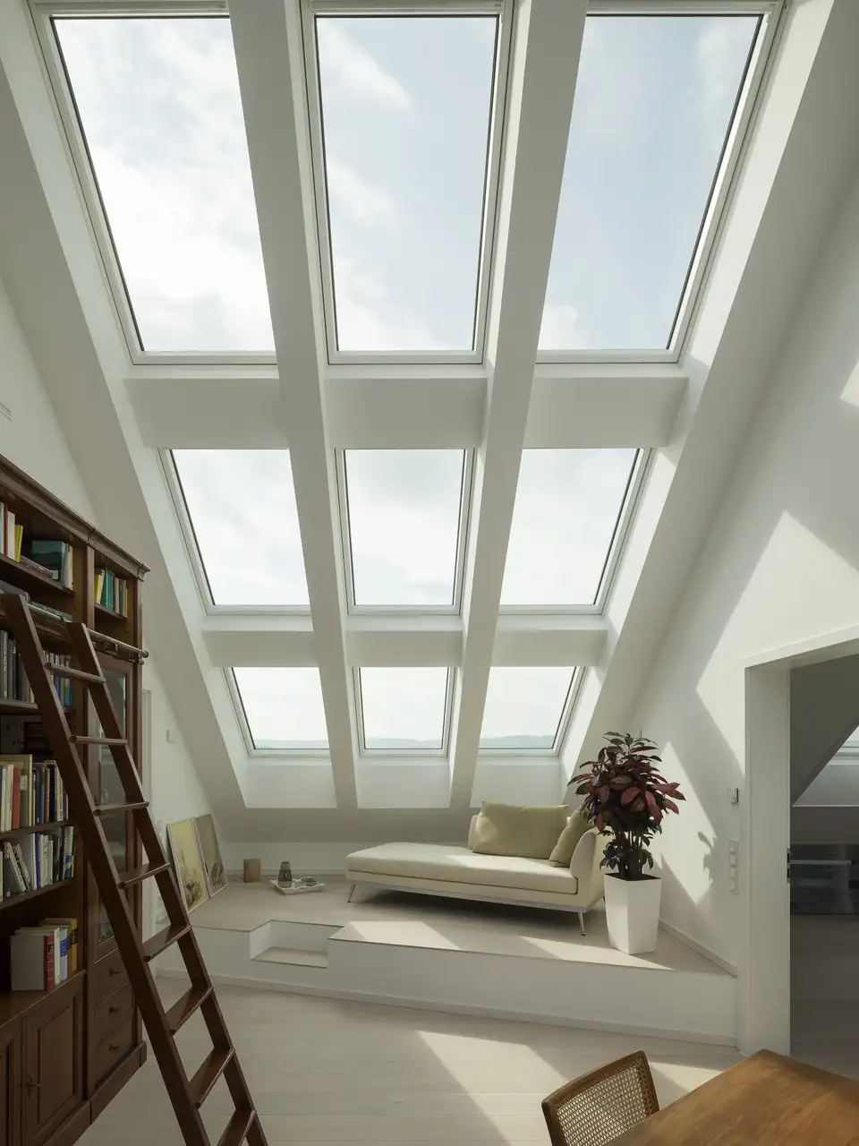 Mansarda luminosa con grandi finestre per tetti, chaise longue e libreria in legno con scala