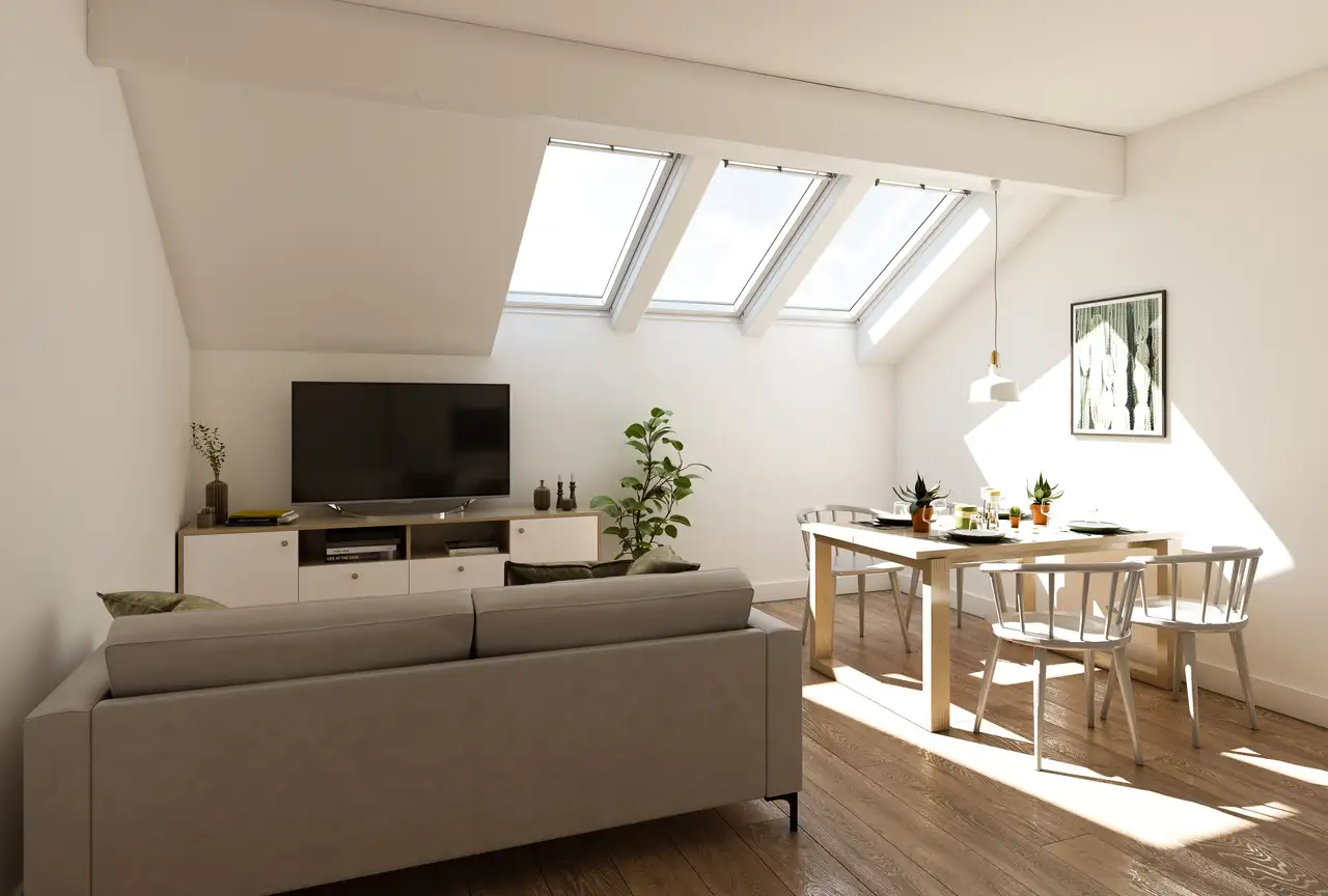 Yemek odası tasarımı: Modern VELUX çatı pencerelerinden gelen doğal ışıkla dönüştürülmüş küçük bir yemek alanı