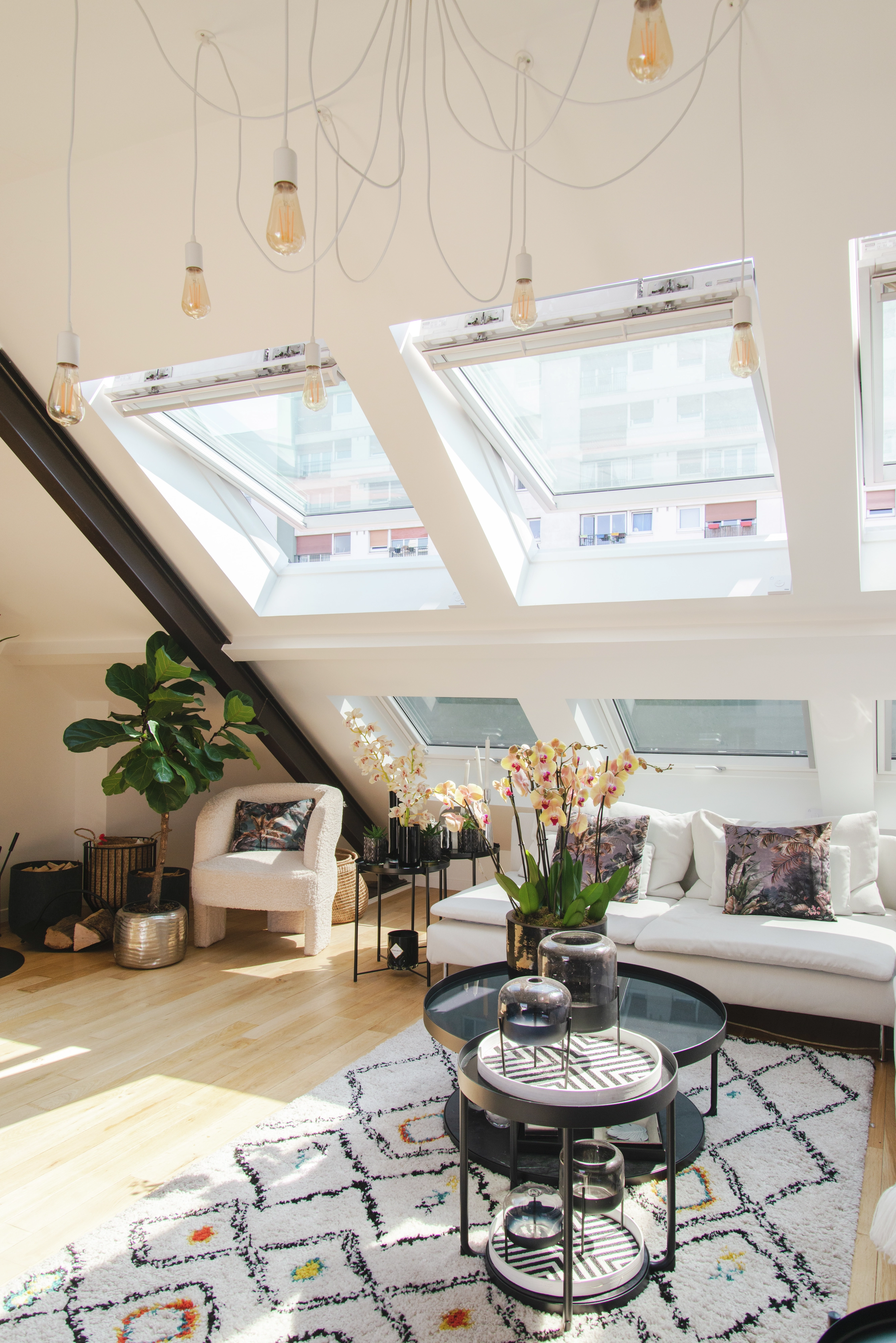 Salon confortable avec lumière naturelle provenant des fenêtres de toit VELUX, décoration moderne et plantes.