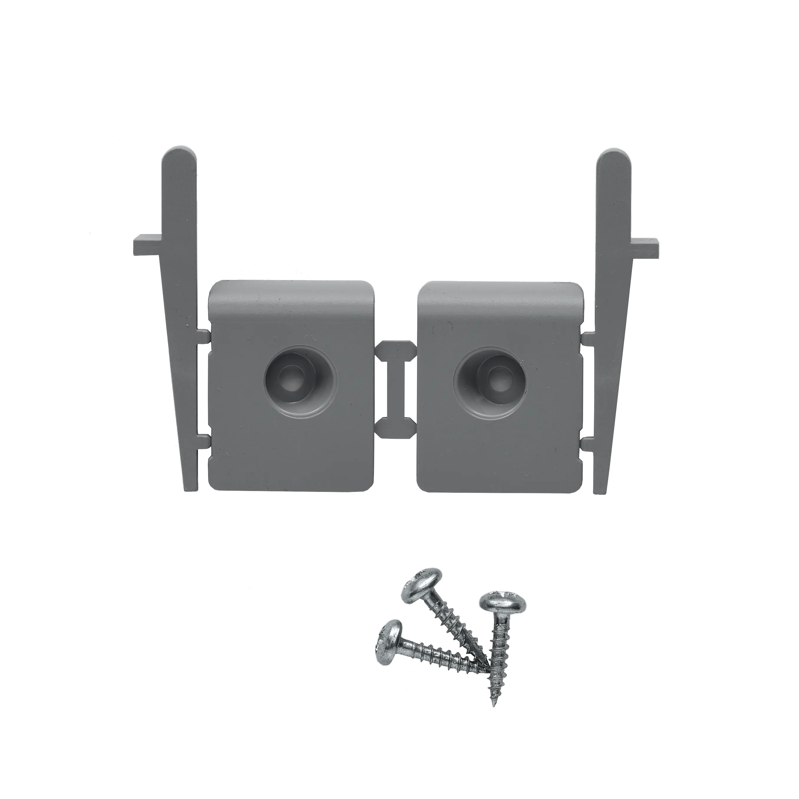 Gray hinge set with screws for secure installation.